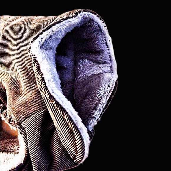 Gray Corduroy Paw Print Dog Jacket w/Plaid Cap ~ Gray Fur Lining ~ Size M ~ EUC! - Picture 9 of 13